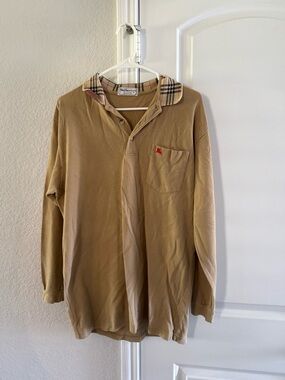 Burberry Camel Long-Sleeve Polo with Signature Check Collar